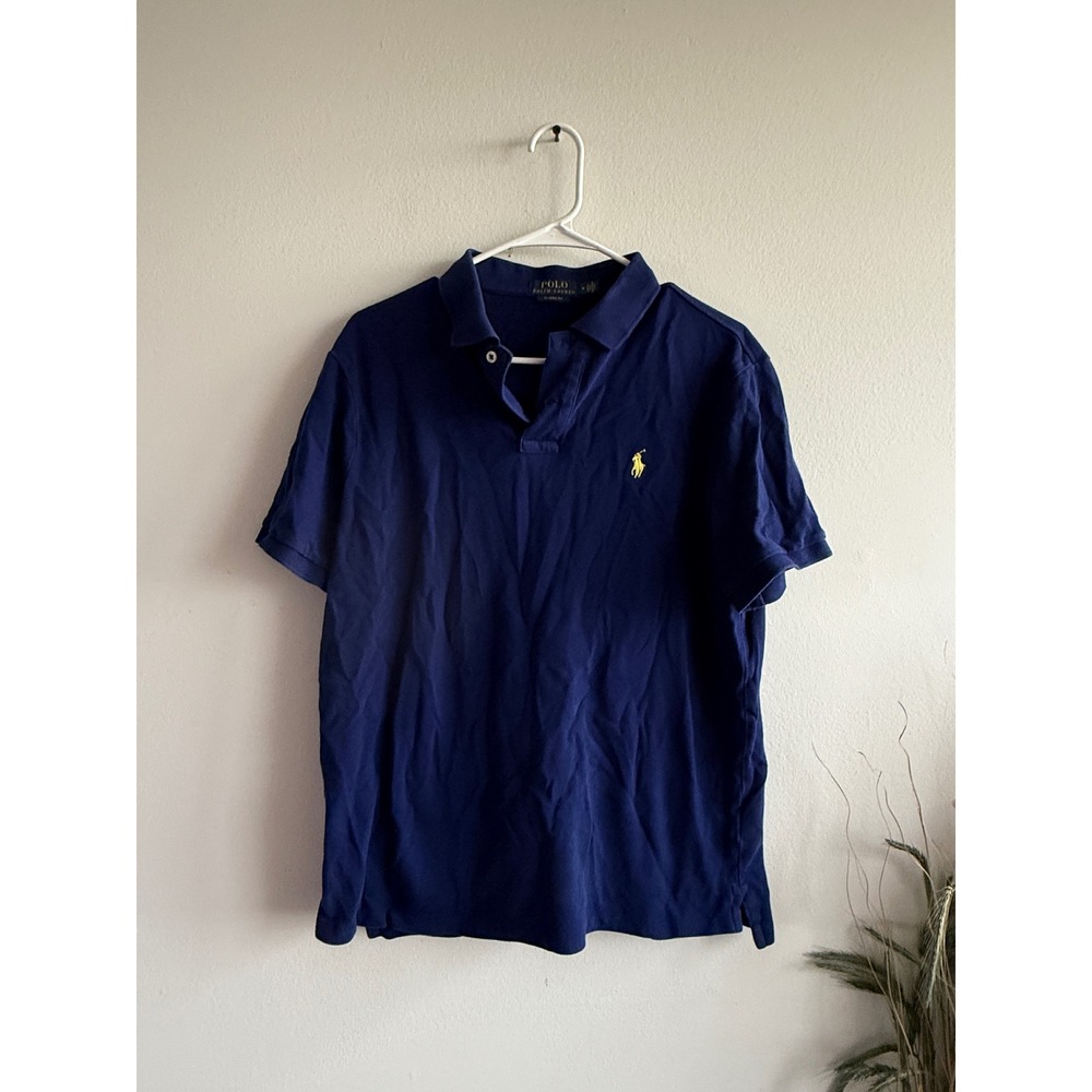 Polo Ralph Lauren Mens Classic Fit Navy Blue Pique Polo Shirt Yellow Pony M